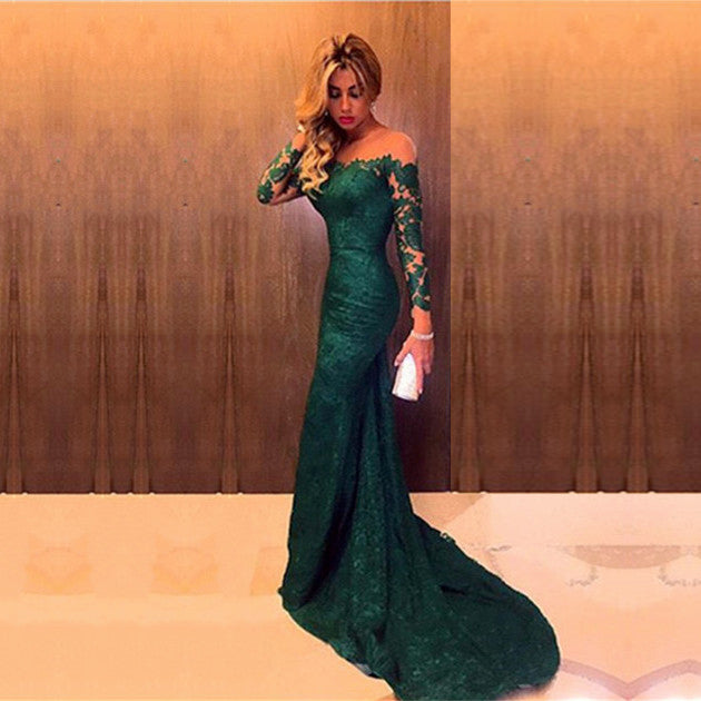 Sheer Neckline Long Sleeves Lace Prom Dresses Mermaid Evening Gowns