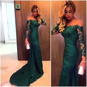 Sheer Neckline Long Sleeves Lace Prom Dresses Mermaid Evening Gowns