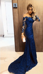 Load image into Gallery viewer, Sheer Neckline Long Sleeves Lace Prom Dresses Mermaid Evening Gowns

