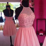 Cargar imagen en el visor de la galería, Chic Beaded Halter Pink Chiffon Homecoming Dresses Short Prom Gowns 2017
