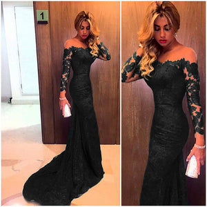 Sheer Neckline Long Sleeves Lace Prom Dresses Mermaid Evening Gowns