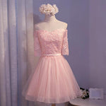Load image into Gallery viewer, elegant pink lace appliques off the shoulder tulle bridesmaid dresses short
