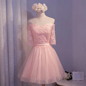 elegant pink lace appliques off the shoulder tulle bridesmaid dresses short