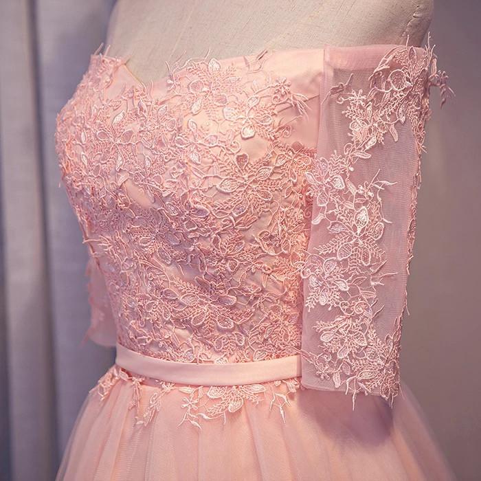 elegant pink lace appliques off the shoulder tulle bridesmaid dresses short