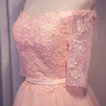 Load image into Gallery viewer, elegant pink lace appliques off the shoulder tulle bridesmaid dresses short
