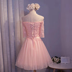 Cargar imagen en el visor de la galería, elegant pink lace appliques off the shoulder tulle bridesmaid dresses short
