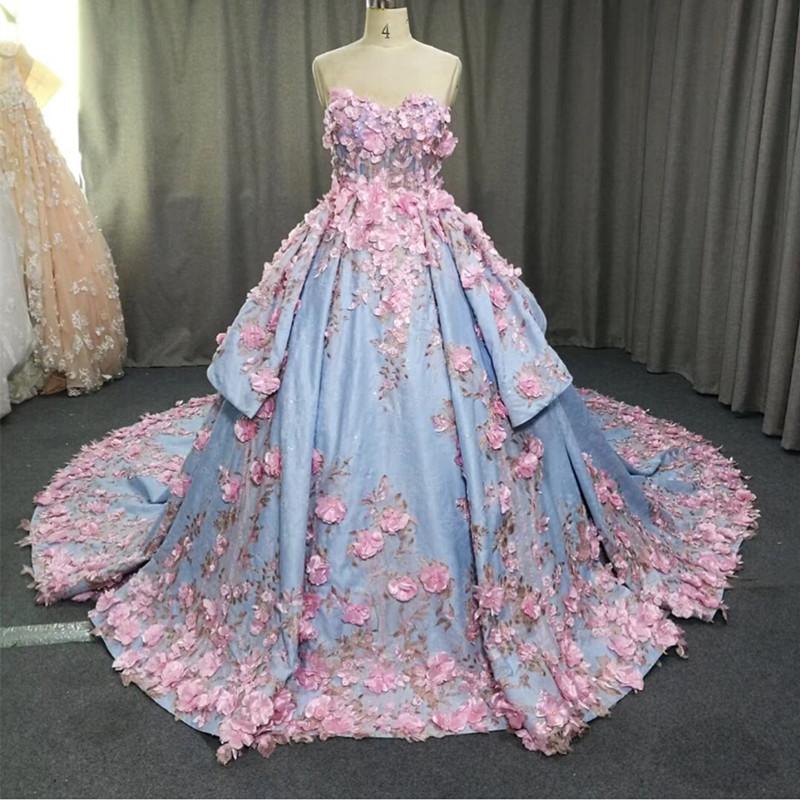 Amazing 3D Floral Lace Flower Satin Wedding Dresses Sweetheart Ball Gowns