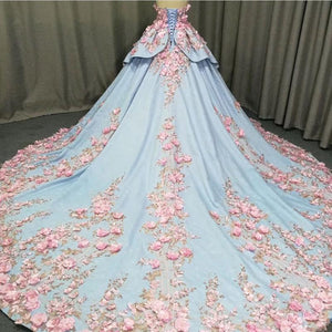 Amazing 3D Floral Lace Flower Satin Wedding Dresses Sweetheart Ball Gowns