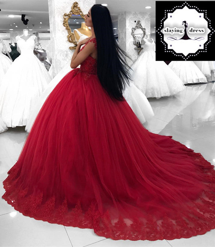 Lace V-neck Red Tulle Ball Gown Wedding Dresses For Bride