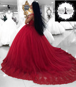 Load image into Gallery viewer, Lace V-neck Red Tulle Ball Gown Wedding Dresses For Bride
