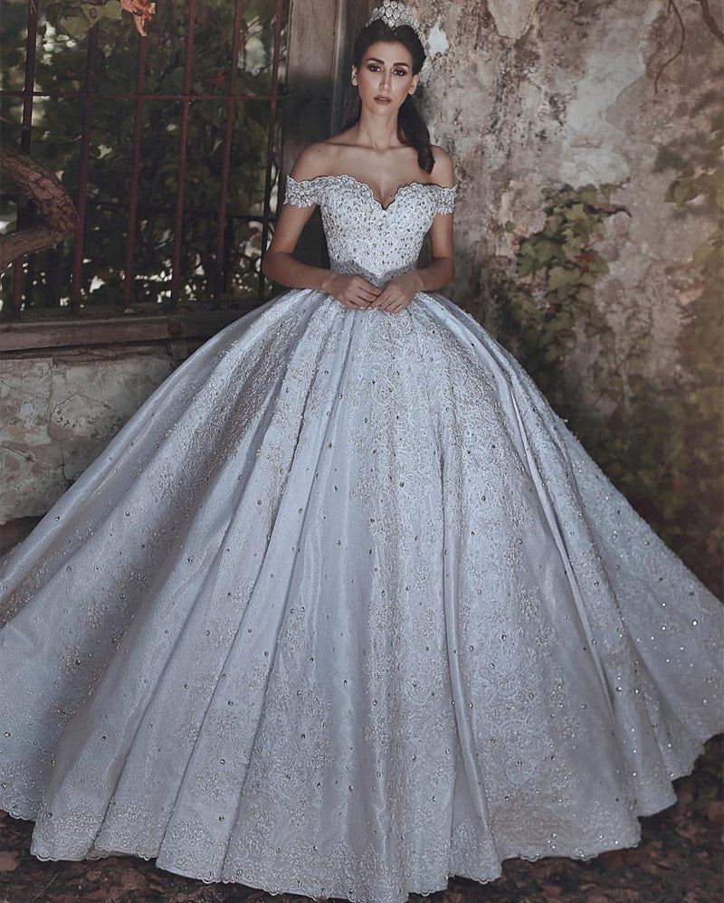 Off The Shoulder Sweetheart Satin Ball Gowns Wedding Dresses Lace Appliques