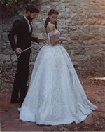 Load image into Gallery viewer, Off The Shoulder Sweetheart Satin Ball Gowns Wedding Dresses Lace Appliques
