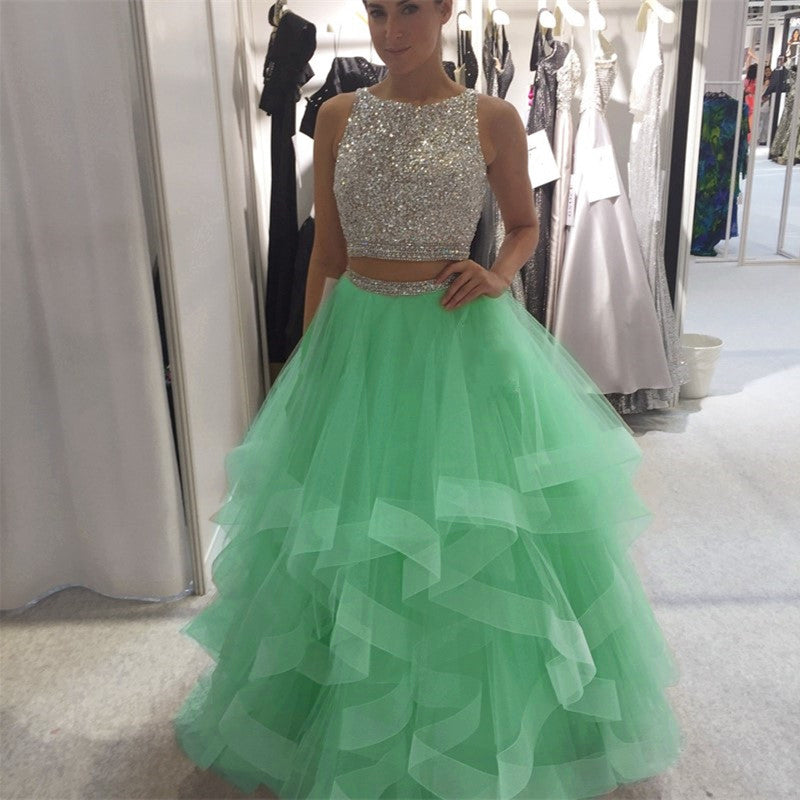 Exquisite Sequin Beaded Organza Ruffles Prom Dresses Two Piece