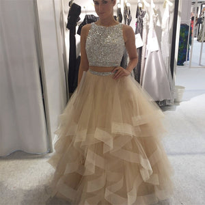 Exquisite Sequin Beaded Organza Ruffles Prom Dresses Two Piece