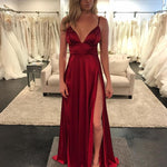 Load image into Gallery viewer, Sexy Deep V Neck Long Satin Burgundy Evening Dresses 2019
