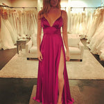 Load image into Gallery viewer, Sexy Deep V Neck Long Satin Burgundy Evening Dresses 2019
