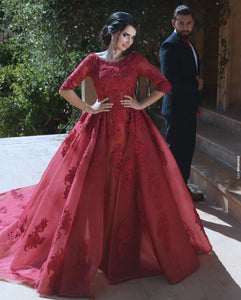 Modest Lace Appliques Tulle Long Burgundy Prom Dresses With Half Sleeves