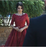 Load image into Gallery viewer, Modest Lace Appliques Tulle Long Burgundy Prom Dresses With Half Sleeves
