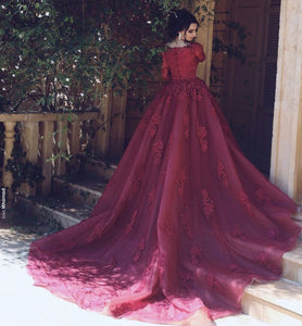Modest Lace Appliques Tulle Long Burgundy Prom Dresses With Half Sleeves