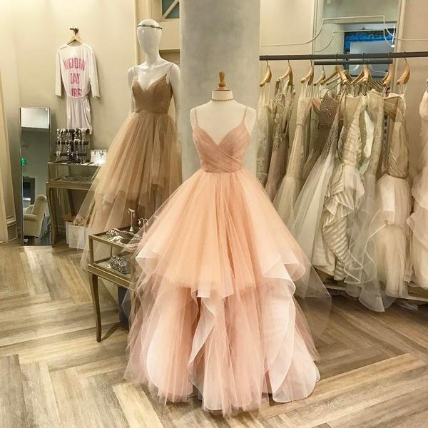 blush pink white champagne tulle v-neck wedding dresses ball gowns