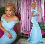 Afbeelding in Gallery-weergave laden, Light Blue Jersey Mermaid Prom Dresses V-neck Off Shoulder Evening Gowns
