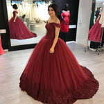 Load image into Gallery viewer, Tulle Ball Gown Dresses Lace Edge V Neck Off The Shoulder
