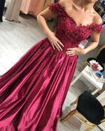Load image into Gallery viewer, Wine Red Satin Prom Dresses V-neck Lace Embroidery Evening Gowns Off Shoulder
