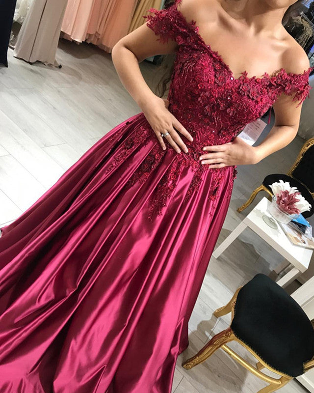 Wine Red Satin Prom Dresses V-neck Lace Embroidery Evening Gowns Off Shoulder