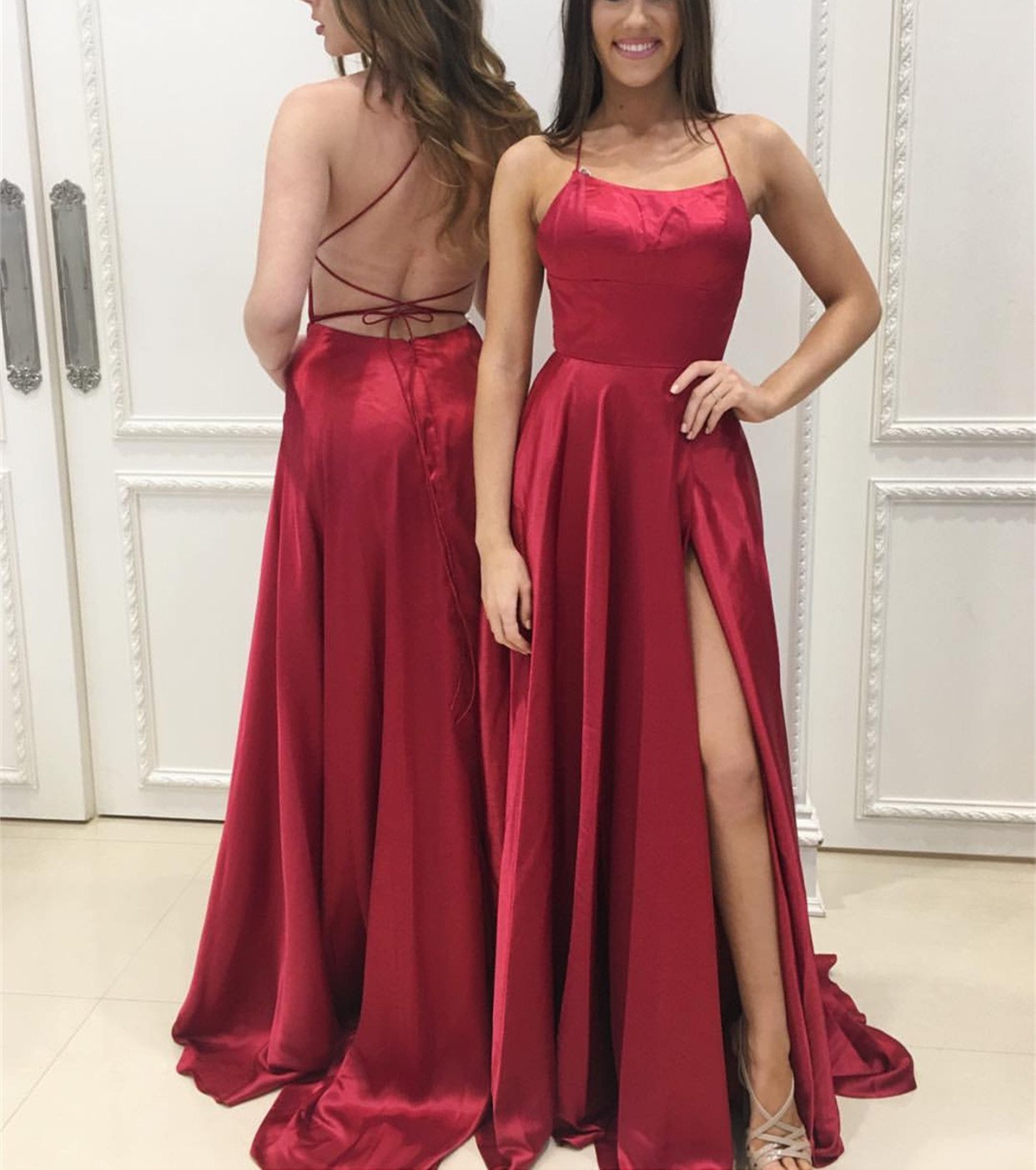 Long Satin Open Back Prom Dresses 2018 Leg Slit Evening Gowns