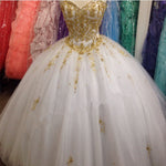 Load image into Gallery viewer, Gold Lace Embroidery Tulle Sweetheart Ball Gowns Quinceanera Dresses
