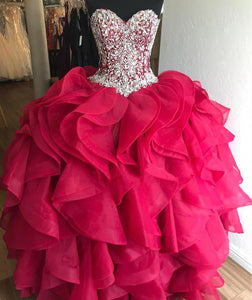 Gorgeous Crystal Beaded Bodice Corset Organza Ruffles Quinceanera Dresses Ball Gowns