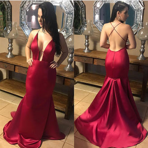 Plunge V-neck Long Satin Mermaid Prom Dresses Backless Evening Gowns
