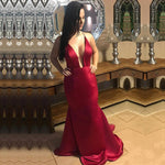 Load image into Gallery viewer, Plunge V-neck Long Satin Mermaid Prom Dresses Backless Evening Gowns
