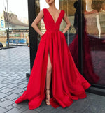 Load image into Gallery viewer, Sexy-Long-Prom-Gowns-V-neck-Leg-Split-Satin-Evening-Dress
