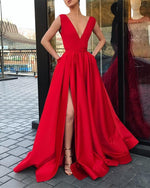 Load image into Gallery viewer, Long-Red-Prom-Dresses-V-neck-Formal-Evening-Gowns-Leg-Split
