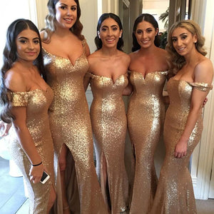 off shoulder long gold sequins mermaid bridesmaid dress with slit