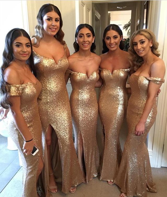 off shoulder long gold sequins mermaid bridesmaid dress with slit