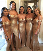 Load image into Gallery viewer, off shoulder long gold sequins mermaid bridesmaid dress with slit

