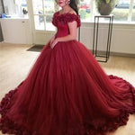 Cargar imagen en el visor de la galería, Burgundy Flower V-neck Tulle Ball Gowns Quinceanera Dresses
