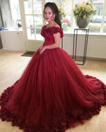 Afbeelding in Gallery-weergave laden, Burgundy Flower V-neck Tulle Ball Gowns Quinceanera Dresses
