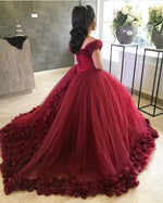 Load image into Gallery viewer, Burgundy Flower V-neck Tulle Ball Gowns Quinceanera Dresses
