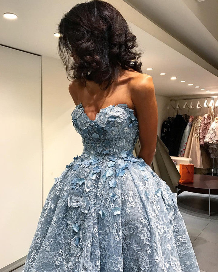 Elegant Gray Lace High Low Prom Dresses 2018 Sweetheart Gowns