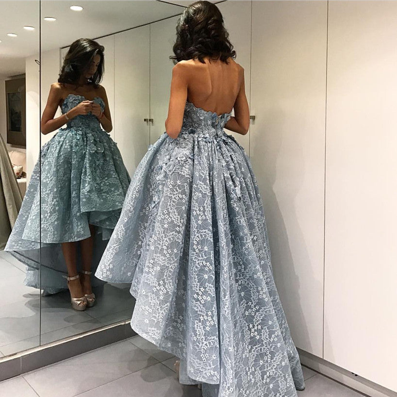 Elegant Gray Lace High Low Prom Dresses 2018 Sweetheart Gowns
