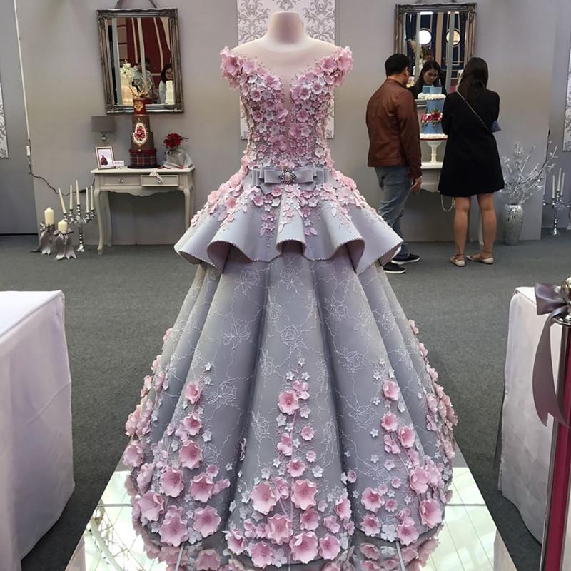 Pink Flora Lace Flower Wedding Dresses Ball Gowns 2017