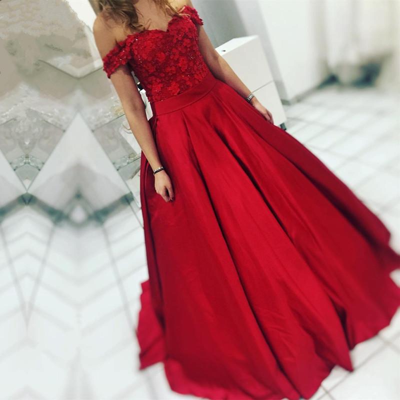 Red Satin Floor Length Ball Gown Evening Dresses Off The Shoulder