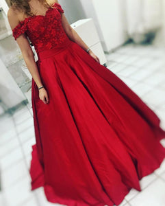 Red Satin Floor Length Ball Gown Evening Dresses Off The Shoulder