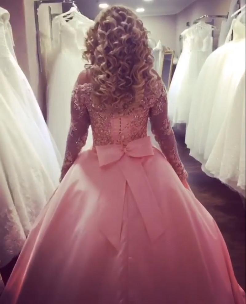 Gold Lace Long Sleeves Pink Satin Bow Back Wedding Dresses Ball Gowns