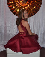 Load image into Gallery viewer, A Line High Neck Lace Crop Satin Homecoming Dresses Two Piece
