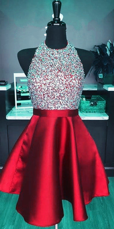 Short Satin Open Back Homecoming Dresses Beaded Halter Prom Gowns 2017