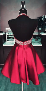 Load image into Gallery viewer, Short Satin Open Back Homecoming Dresses Beaded Halter Prom Gowns 2017
